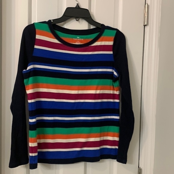 Talbots medium cotton stripe tee vibrant navy  orange- raspberry  100% cotton - Picture 1 of 3
